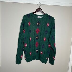 Cape Isle Knitters Green Argyle‎ Cable Knit Sweater Men's XL Cotton Ramie